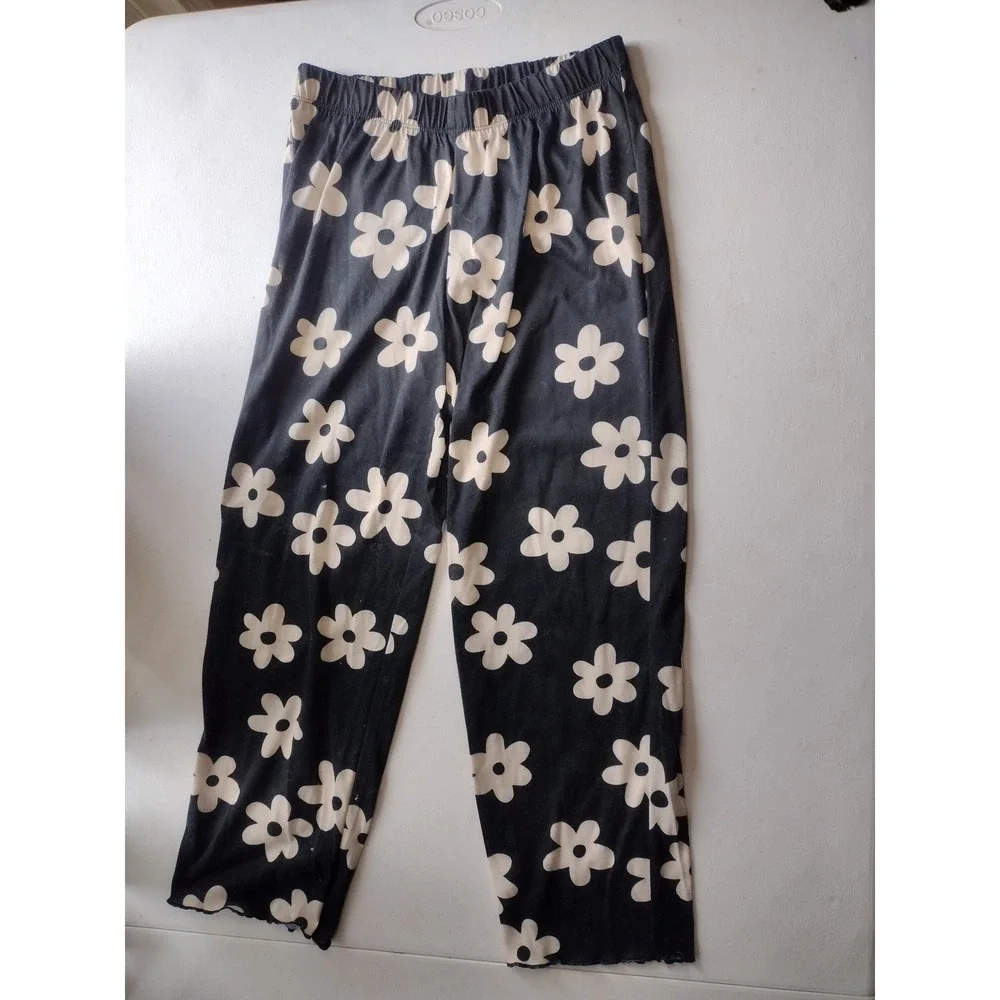 Cat & Jack Kids Girls Daisy Smiley Face Pajama Set Cream Black‎ Size L 10/12